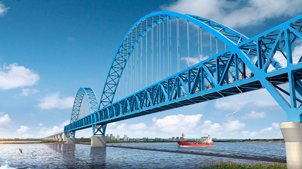 The steel truss girder of the Nansha Port Railway Crossing Hongqilishui Road Bridge, known as "the world